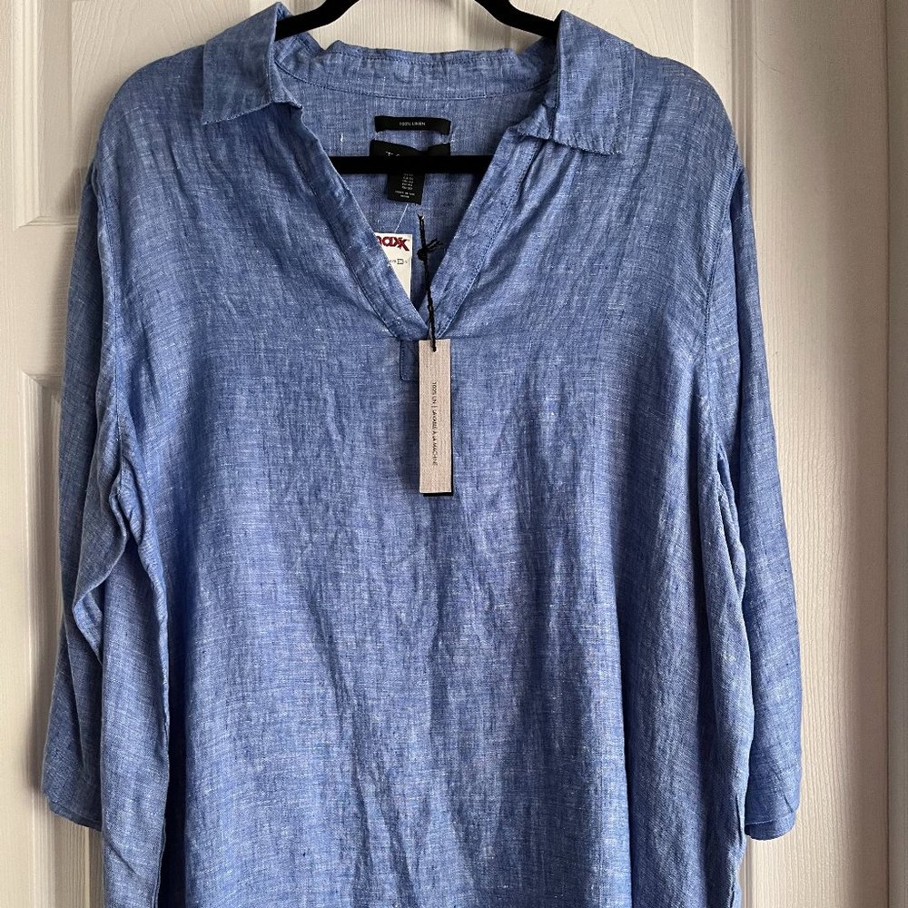 Tahari Blue Chambray Machine Washable Linen Tunic Size 1X